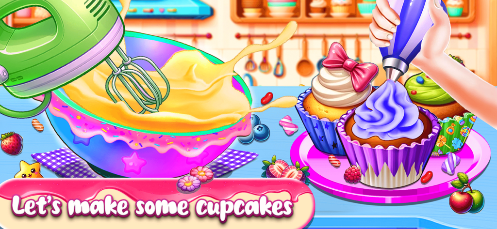 A colorful game scene showing an electric mixer blending batter and a hand decorating cupcakes with purple frosting.