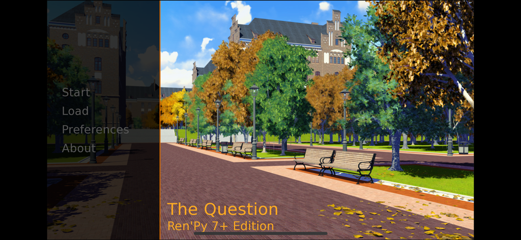 Main menu of a visual novel game named The Question running within the Renpy Pocket app interface