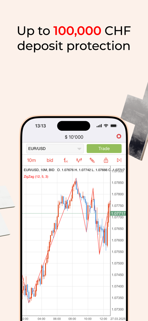 Dukascopy Trading Platform - iPhone mostrando la aplicación de trading Dukascopy con un gráfico de velas EUR USD y un titular sobre la protección de depósito de 100.000 CHF.
