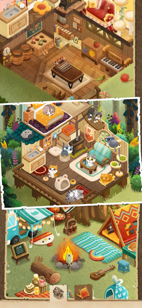 Secret Cat Forest - Un collage que muestra interiores de cabañas acogedoras y un campamento al aire libre lleno de gatos adorables y muebles.