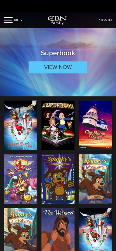 CBN Family - Videos and News - CBN Family app kids section featuring Superbook and various Christian children animated shows
