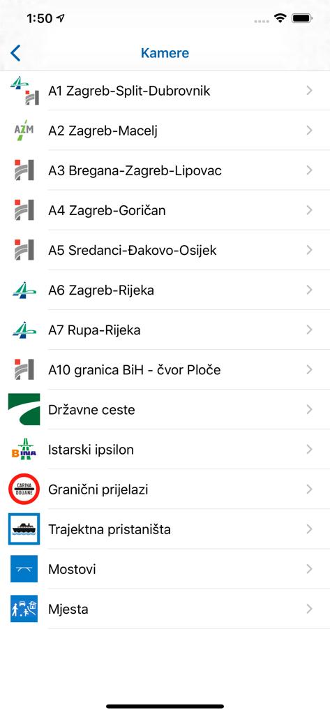 Croatia Traffic Info – HAK - A list of traffic camera categories in the HAK app including major highways border crossings and ferry ports