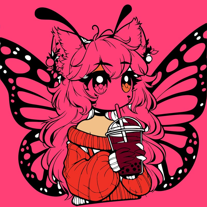 a realistic butterfly/furry girl drinking boba