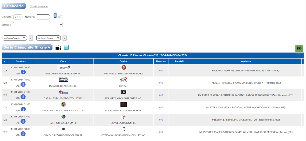 FWM - Fipav Web Manager - Tabella che mostra date delle partite di pallavolo, squadre in casa e trasferta e sedi.