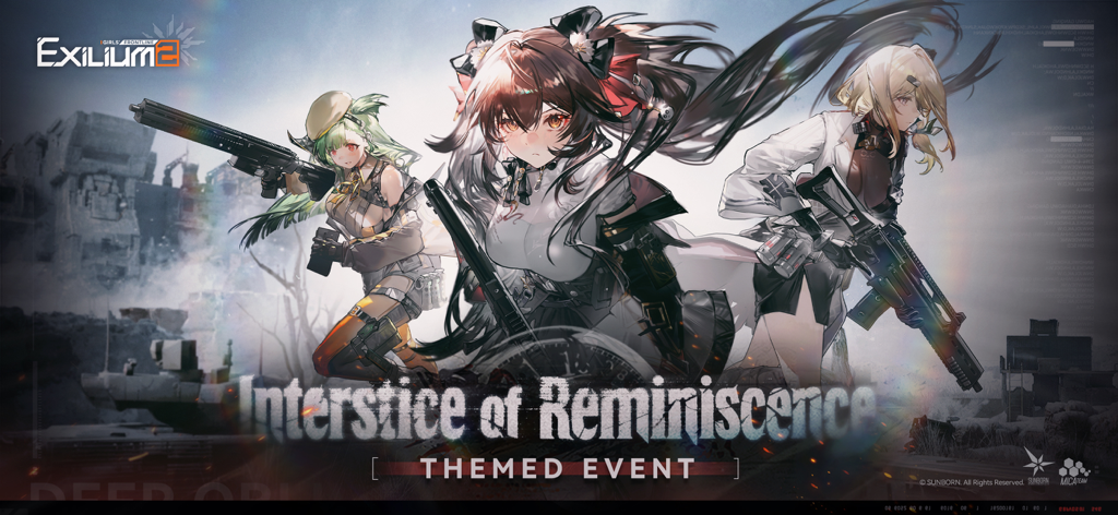 Three tactical dolls with weapons in the Girls Frontline 2 Exilium Interstice of Reminiscence themed event banner