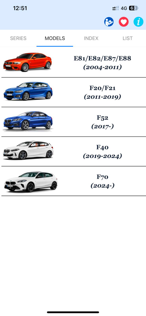 Bimma EWD - Wiring Diagrams - A list of BMW car models sorted by series and production years in the Bimma EWD app
