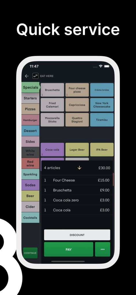 Interfaz de aplicación móvil de Baemingo para pedidos de servicio rápido en hostelería que muestra categorías de menú y resumen de pedidos