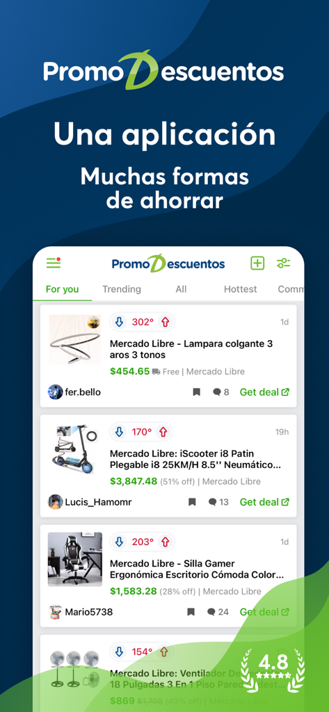 Interfaz de la aplicación móvil de PromoDescuentos mostrando un feed de ofertas de hogar y electrónica de Mercado Libre