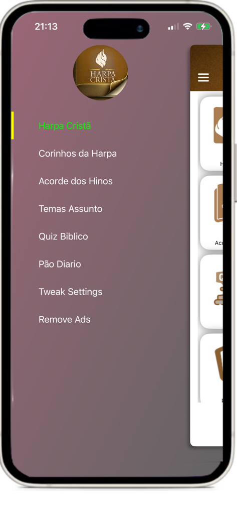 Harpa Cristã e Corinhos - Side navigation menu of the Harpa Crista app with options for hymns and daily devotionals