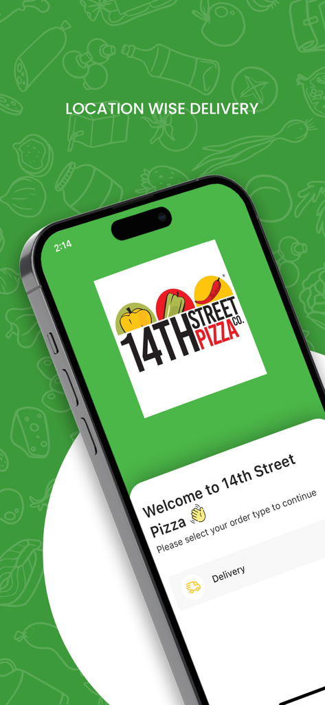 14th Street Pizza Co. - The 14th Street Pizza Co. mobile app welcome screen showing the brand logo and a delivery selection button on an iPhone.