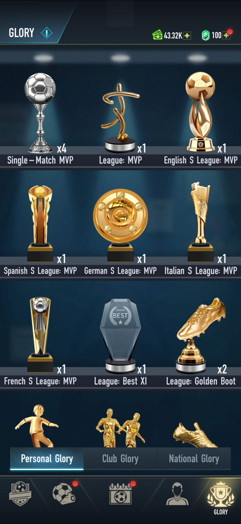 Football Career - Soccer Games - Personal Glory screen showing various MVP trophies from different soccer leagues and the Golden Boot award.