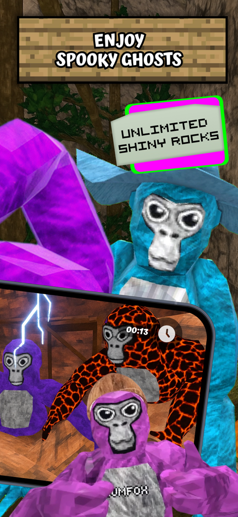 Gorilla Tag Hunting Maps, Mods - Custom gorilla skins and game mods featuring shiny rocks and spooky ghosts