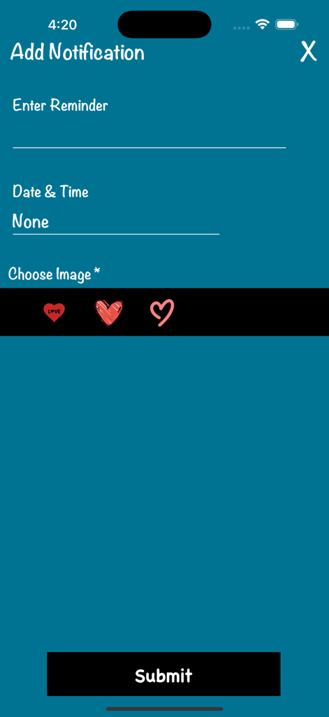 Motivational Quotes Love Quote - Interface para definir um lembrete de notificação no aplicativo Citações Motivacionais com opções para escolher data, hora e um ícone de coração.