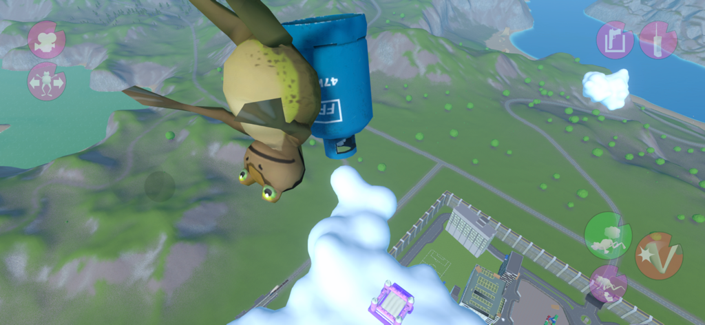 Amazing Frog? - A ragdoll frog character flying through the air with a blue gas canister in the Amazing Frog game
