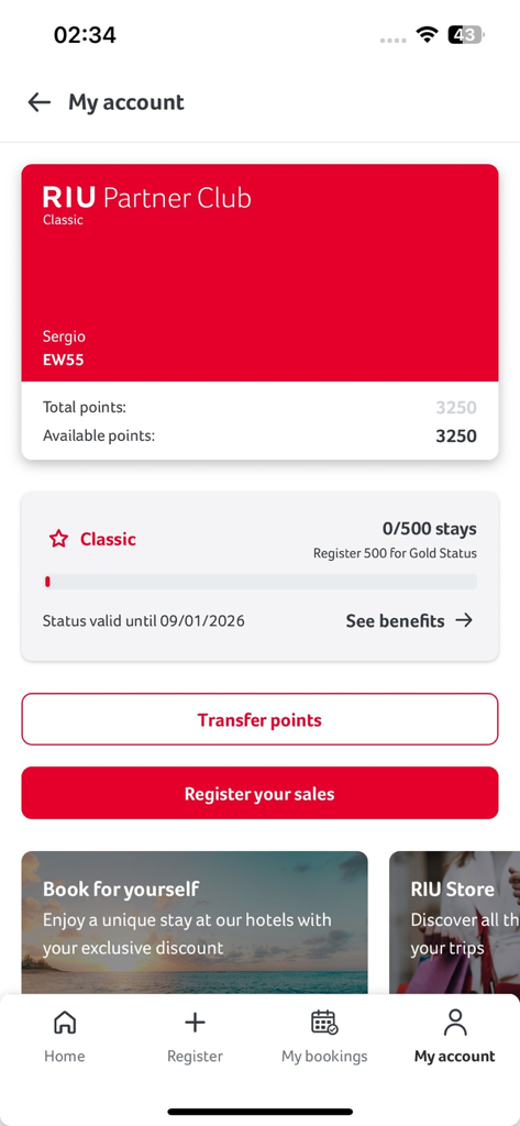 Das Konten-Dashboard der RIU Partner Club App, das den Punktestand und den Mitgliedschaftsstatus eines Reisebüros zeigt.