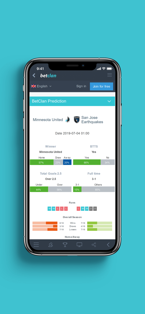 BetClan mobile app displaying soccer match predictions and head to head team statistics