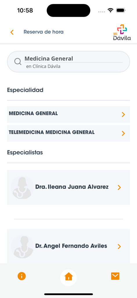 Mi Dávila - Interface mobile pour rechercher des spécialités médicales et prendre rendez-vous chez le médecin dans l'application Mi Davila