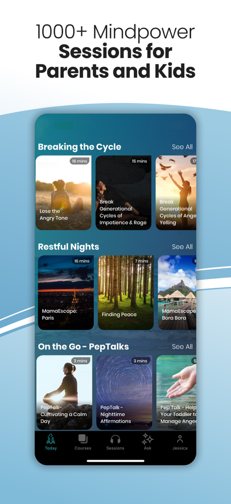 Tela do aplicativo MamaZen exibindo uma biblioteca de sessões de mindpower para pais e filhos com categorias como Quebrando o Ciclo e Noites Descansantes