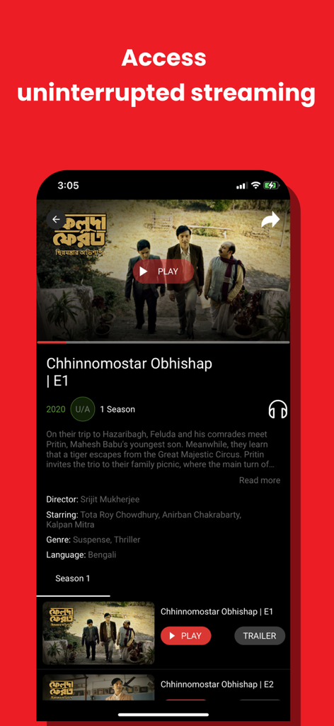 Addatimes - Mobile interface of the Addatimes app showing details and playback options for a Bengali thriller web series episode