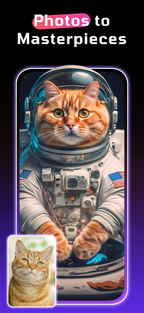 Interfaccia dell'app WOMBO Dream che mostra una foto reale di un gatto trasformata in un capolavoro di gatto astronauta generato dall'AI