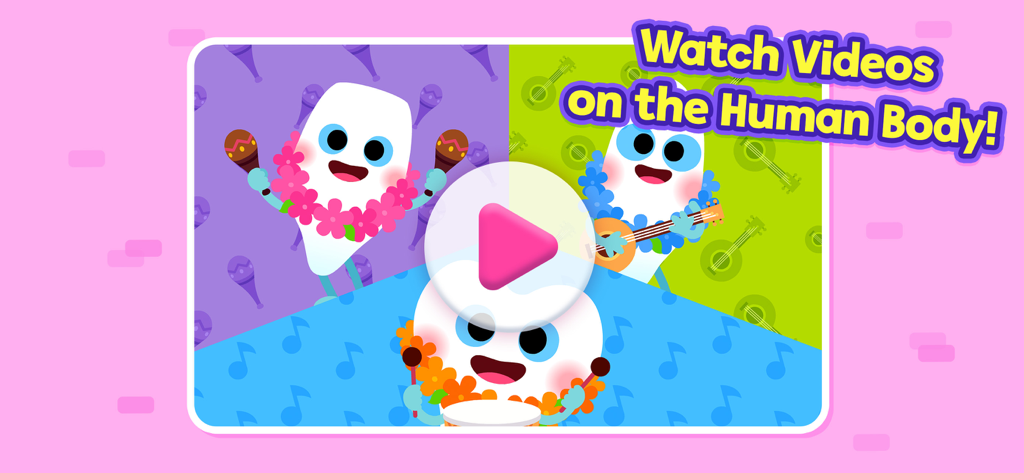 Animated characters playing musical instruments on a video selection screen for human body nursery rhymes