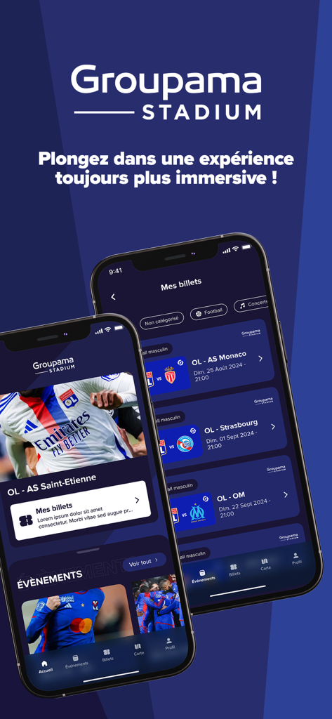 Groupama Stadium - Two smartphones displaying the Groupama Stadium app interface for soccer tickets and stadium events