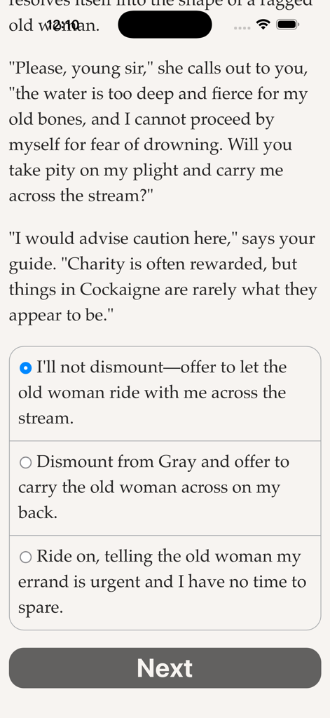 A text based interactive novel interface in Choice of Games featuring a story excerpt and multiple choice buttons