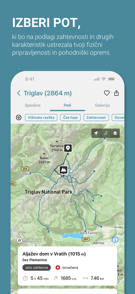APPEAK - A detailed hiking map in the APPEAK app showing trail routes and difficulty statistics for a mountain peak