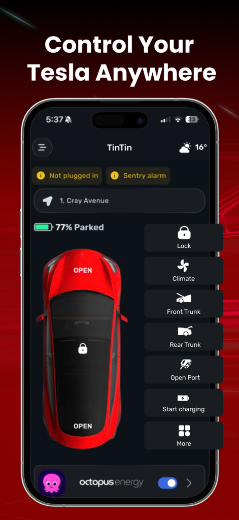 Tesla App – Elvee - Interfaz de control remoto de Tesla en la aplicación Elvee que muestra el estado del vehículo y botones de acción rápida