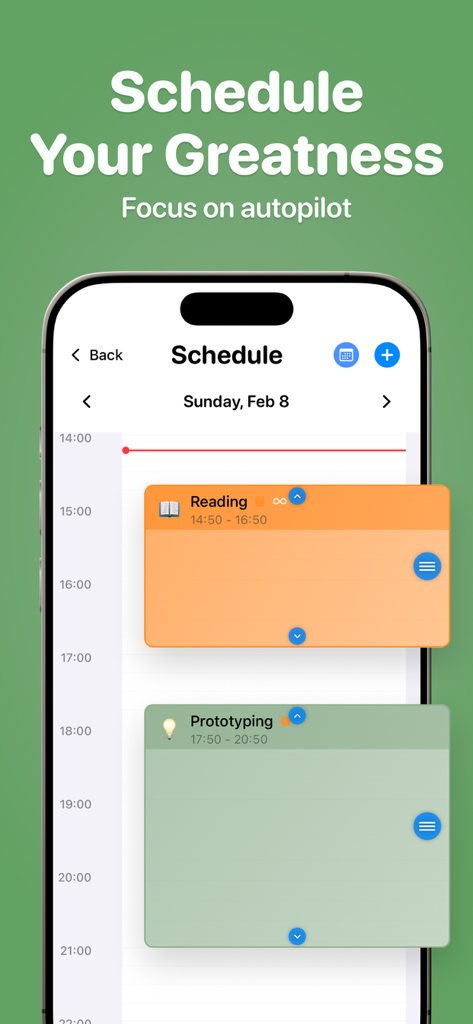 FocusHero app schedule interface showing planned focus sessions for reading and prototyping tasks