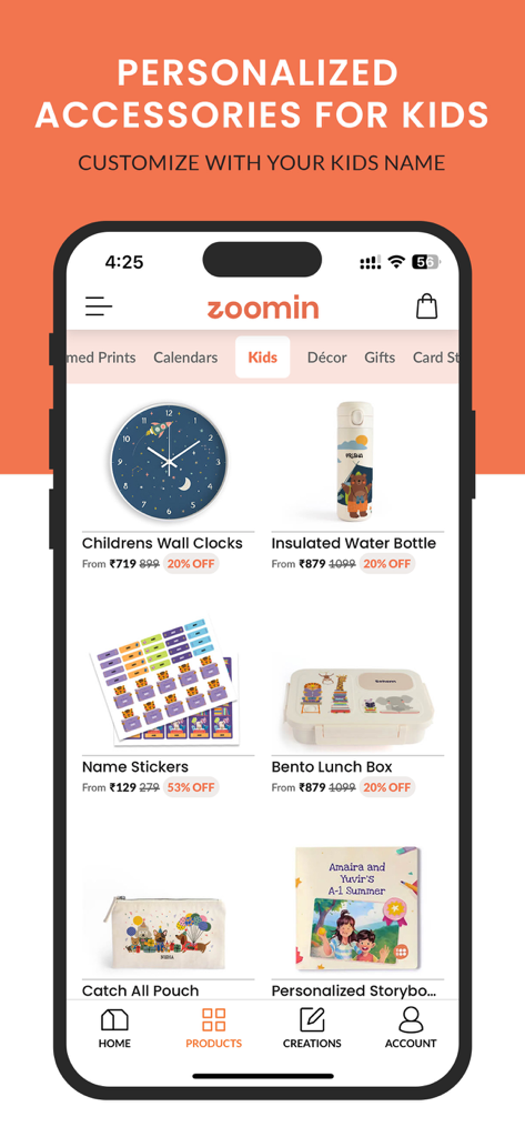 Zoomin: Shop Photobook & Gifts - Mobile screen of Zoomin app showing personalized kids accessories including water bottles and lunch boxes