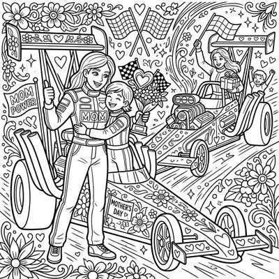Gear up for a high-octane Mother's Day tribute with this unique coloring page! It beautifully combines the thrill of drag racing with heartfelt symbols of maternal love, perfect for celebrating supermoms.