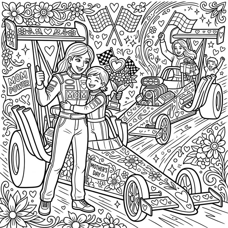 Gear up for a high-octane Mother's Day tribute with this unique coloring page! It beautifully combines the thrill of drag racing with heartfelt symbols of maternal love, perfect for celebrating supermoms.
