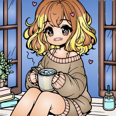 cute anime girl reading book and drinking hot chocolate from mug with loose wavy hair wearing a baggy sweatshirt and shorts sitting by windowsill looking out