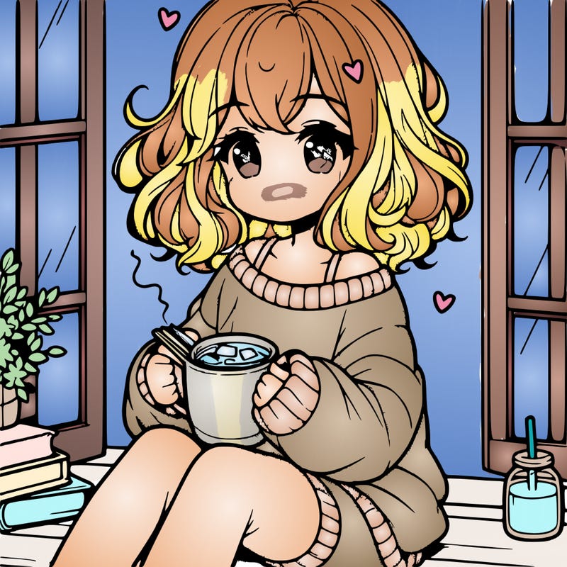 cute anime girl reading book and drinking hot chocolate from mug with loose wavy hair wearing a baggy sweatshirt and shorts sitting by windowsill looking out
