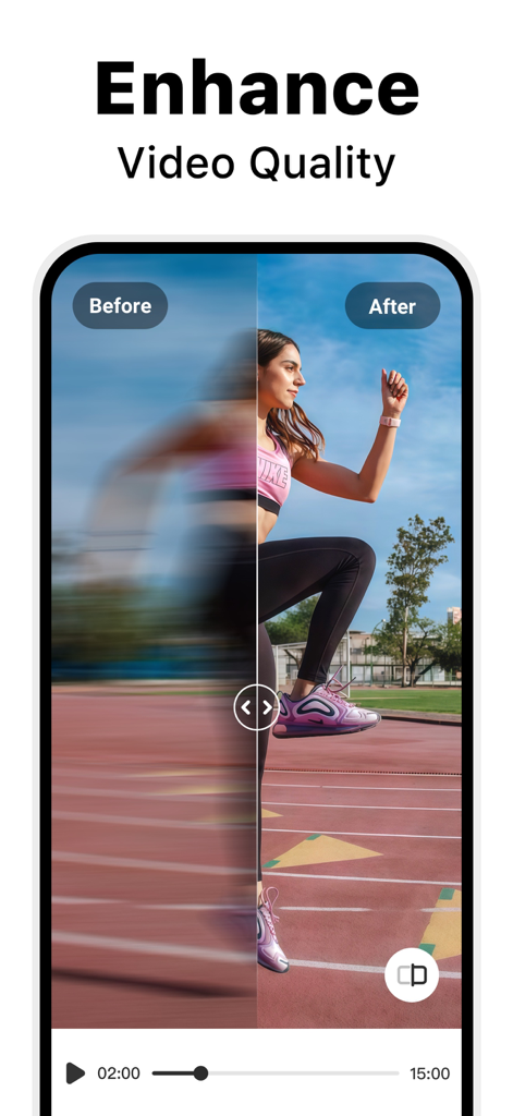 Video Enhancer - Utool - Vorher-Nachher-Vergleich, der ein verschwommenes Laufvideo zeigt, das mit Utool AI Video Enhancer in ein klares, hochwertiges Video verwandelt wurde.