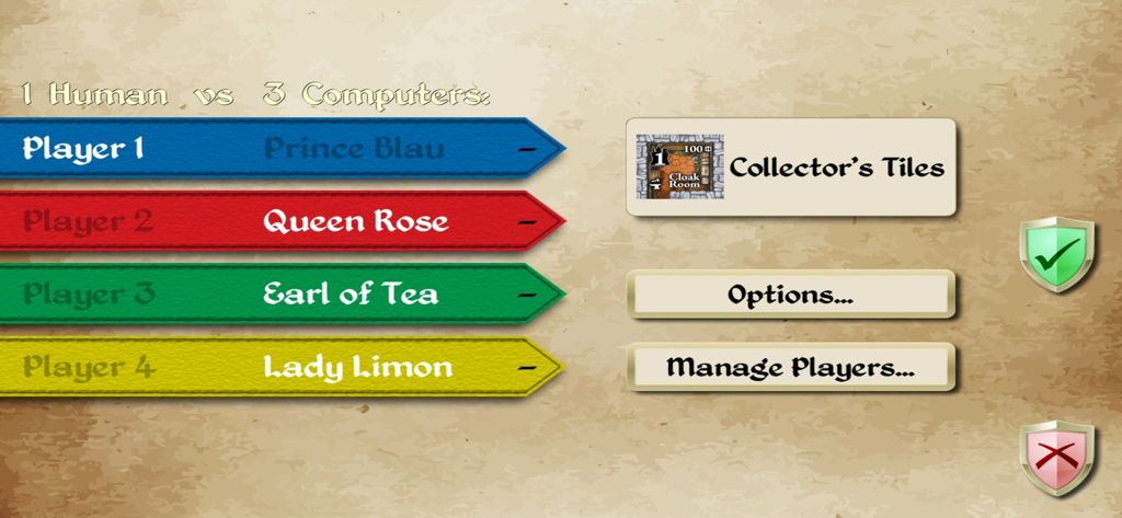 Castles of Mad King Ludwig - Pantalla de configuración de partida en Castles of Mad King Ludwig que muestra la selección de jugadores para un enfrentamiento humano contra computadora