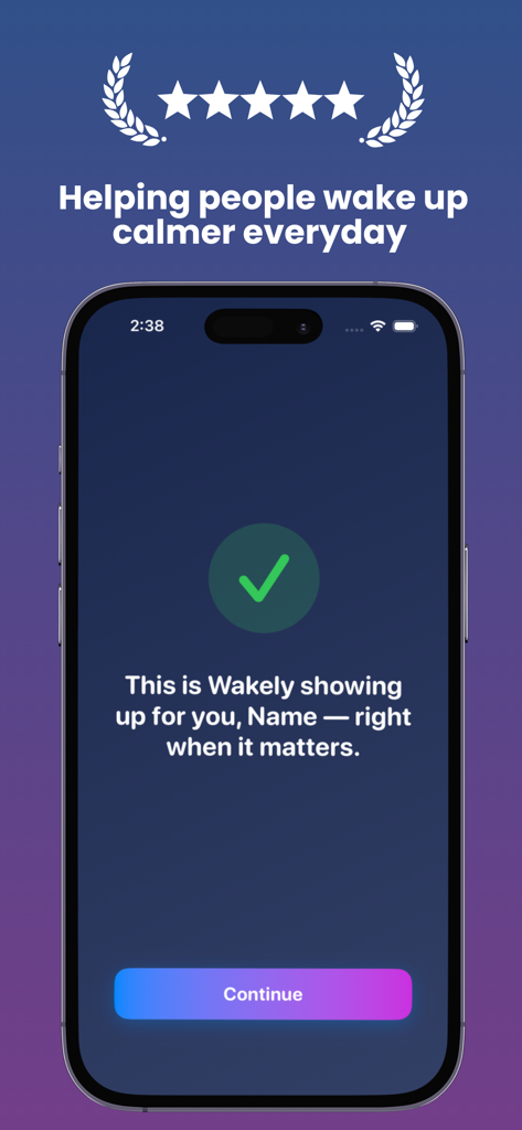 A screenshot of the Wakely alarm clock app showing an onboarding screen with a five star rating and a message about waking up calmer.