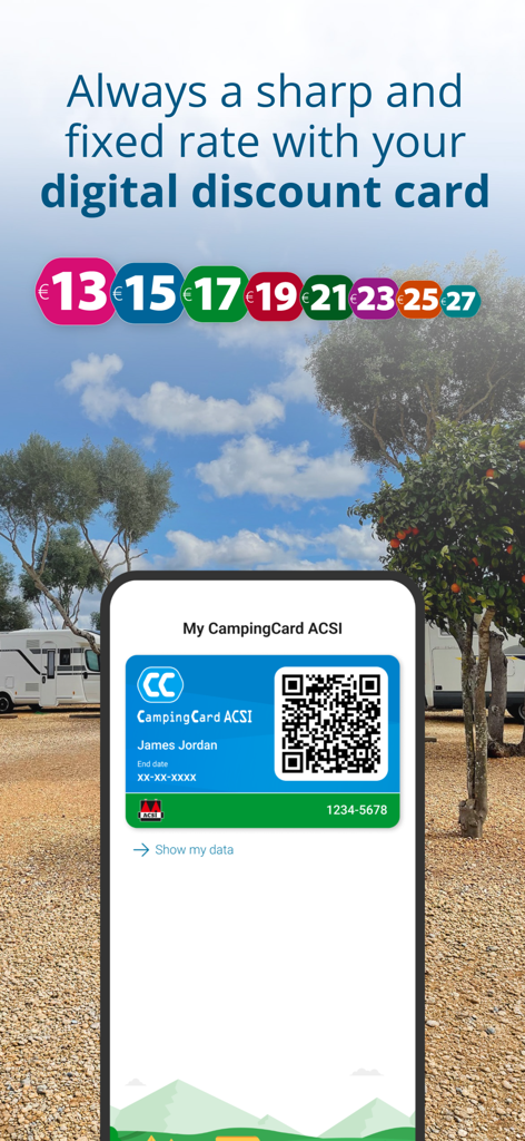 Smartphone displaying the digital CampingCard ACSI discount card and fixed camping rates for European campsites.