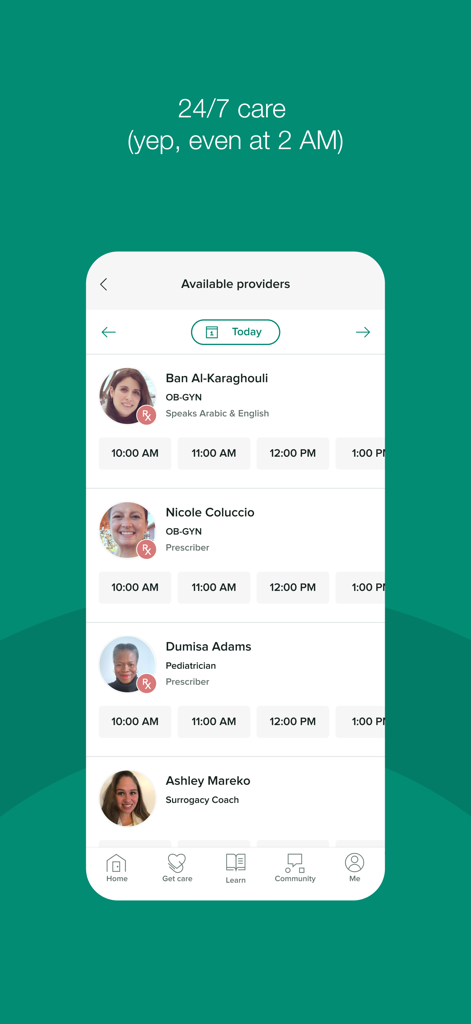 Maven Clinic app interface showing a list of available virtual healthcare providers and appointment slots