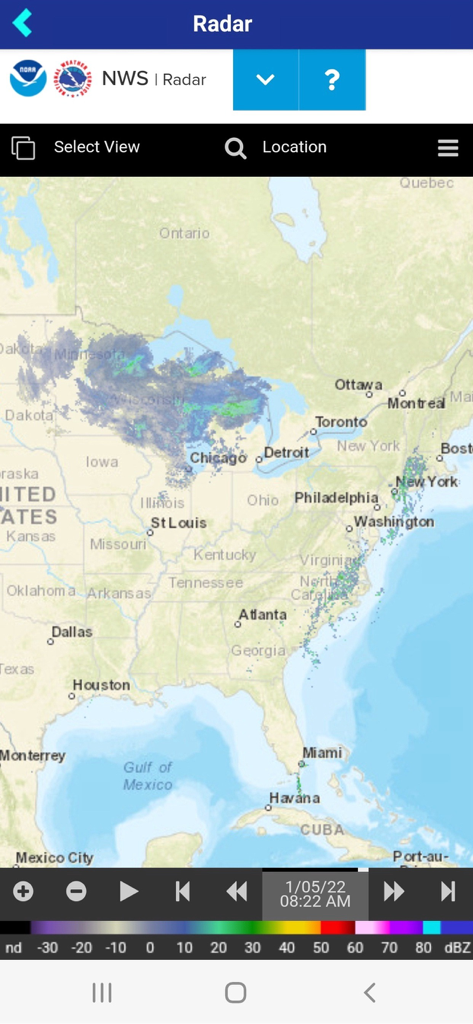 National Weather Service radar map showing precipitation across the United States in the Mikes Weather Page app
