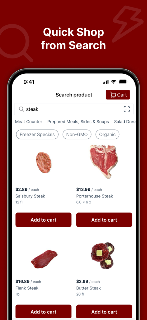 Search results for steak in the Tom Fridays Market mobile app showing various meat cuts and prices.