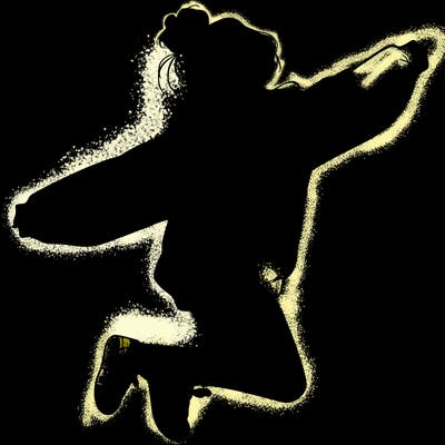 realistic girl jumping with a bun and oversized sweatshirt