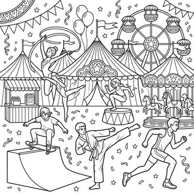 Experience the thrilling energy where sports meet carnival magic with this dynamic coloring page. Join a diverse group of teenage athletes as they showcase their skills amidst a festive fairground backdrop.