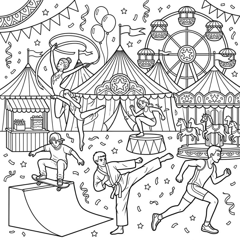 Experience the thrilling energy where sports meet carnival magic with this dynamic coloring page. Join a diverse group of teenage athletes as they showcase their skills amidst a festive fairground backdrop.