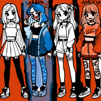 one girl with crop-top shirt and a jacket with a skirt, long socks and another girl with a shirt and pants with a jacket
