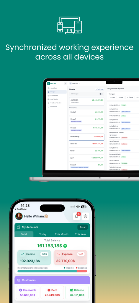 Budget and Money Manager - Bildschirme von Smartphones und Laptops, die die Benutzeroberfläche der Budget- und Geldmanager-App mit synchronisierten Finanzdaten über verschiedene Geräte hinweg anzeigen