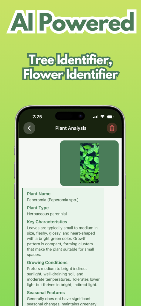 AI powered plant identification screen showing detailed care instructions for a Peperomia plant