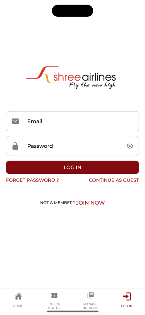 Pagina di accesso dell'app mobile Shree Airlines con campi di inserimento per email e password