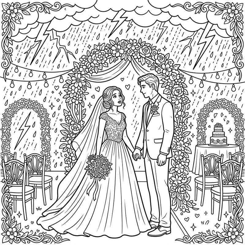 Celebrate a love that withstands any storm with this unique wedding coloring page. Immerse yourself in the romantic drama of a bridal couple caught in a beautiful thunderstorm.